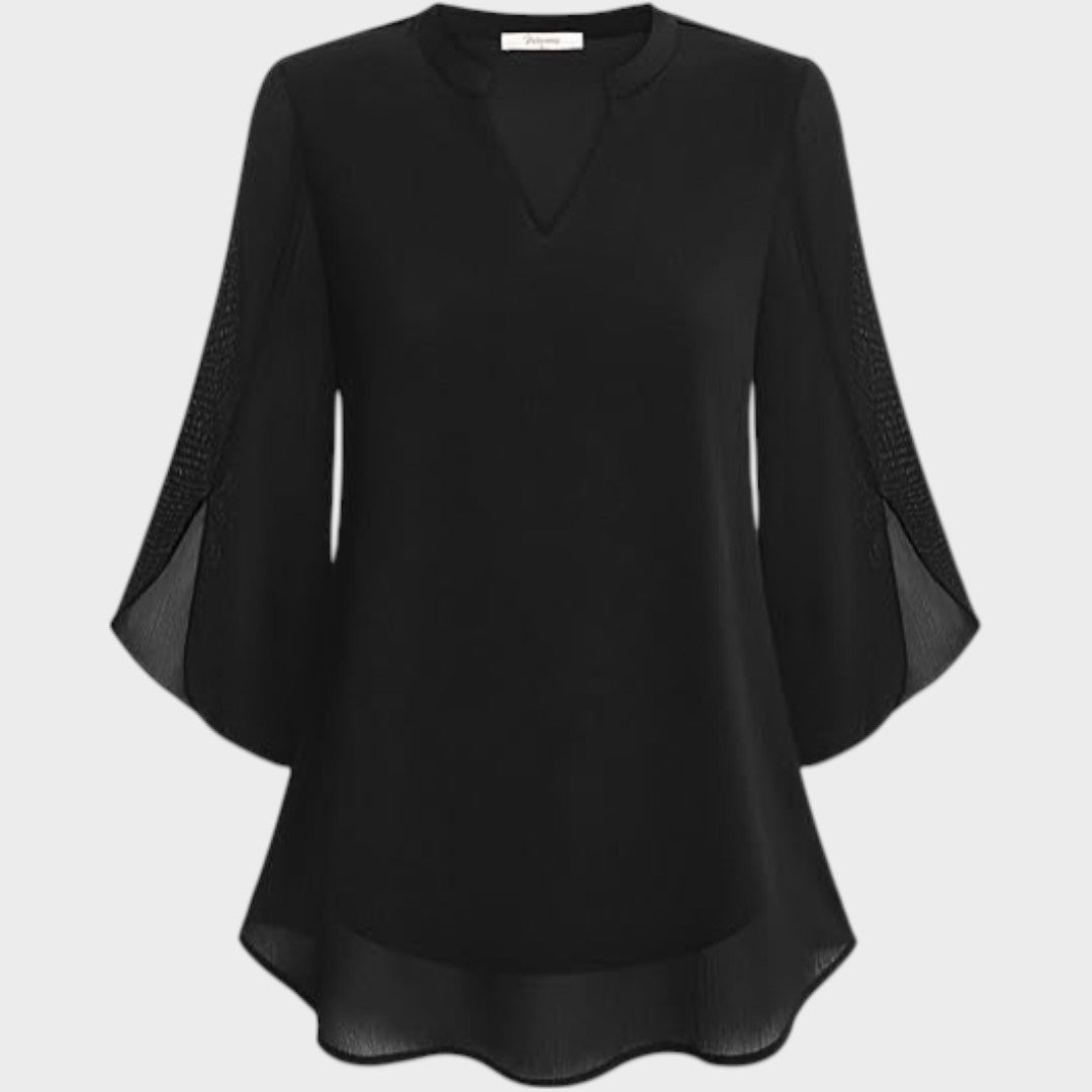 Women's Elegant Flow Blouse with Notch Neckline - Sheer Sleeves