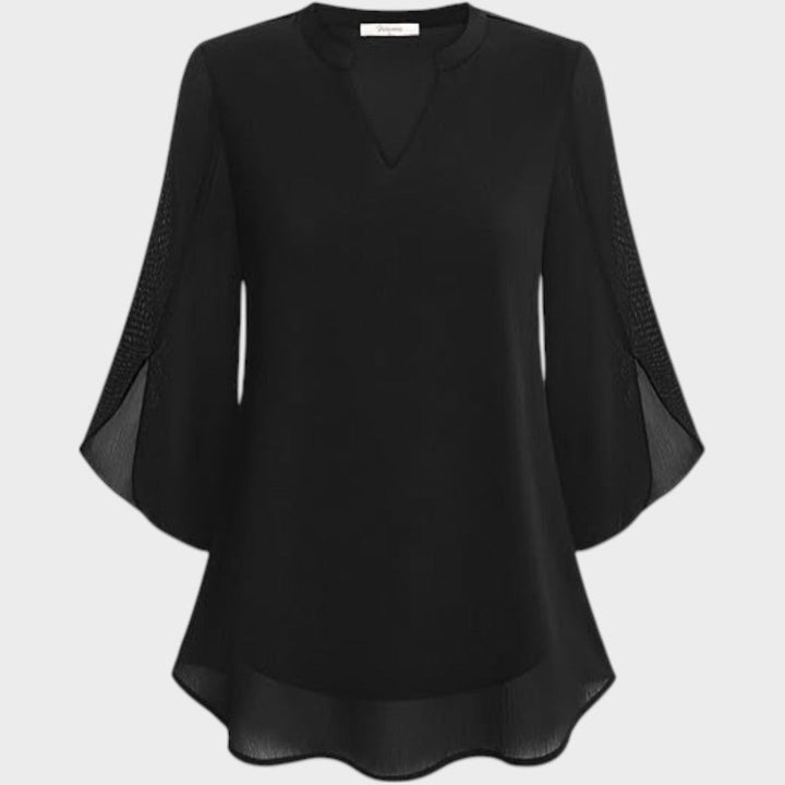Women's Elegant Flow Blouse with Notch Neckline - Sheer Sleeves