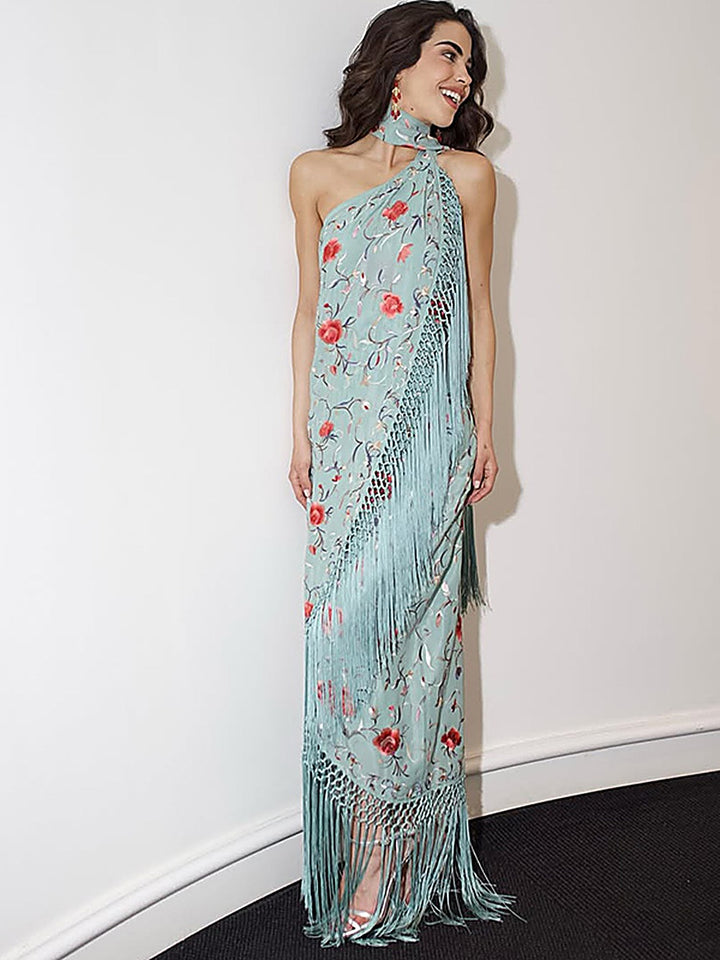 Printed Tassel One-Shoulder Halter Maxi Dress
