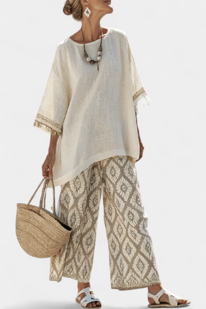Women's Printed Top & Wide-Leg Pant Set - Effortless Summer Style