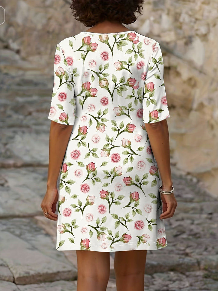 Women's Rose Print V-Neck Dress - Effortless Day-to-Night Style