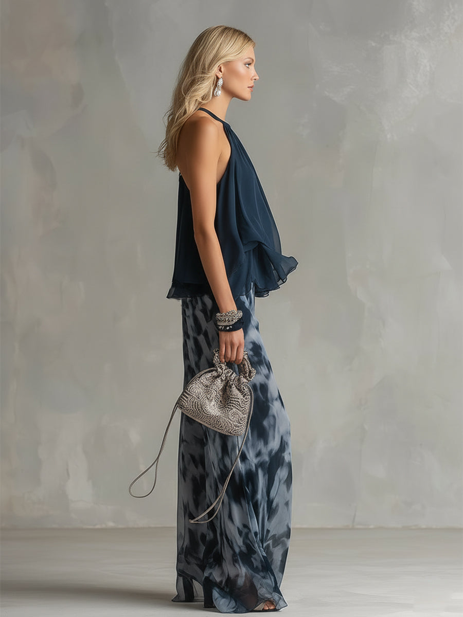 Women's Navy Halter Top & Printed Chiffon Pants Set - Evening Elegance