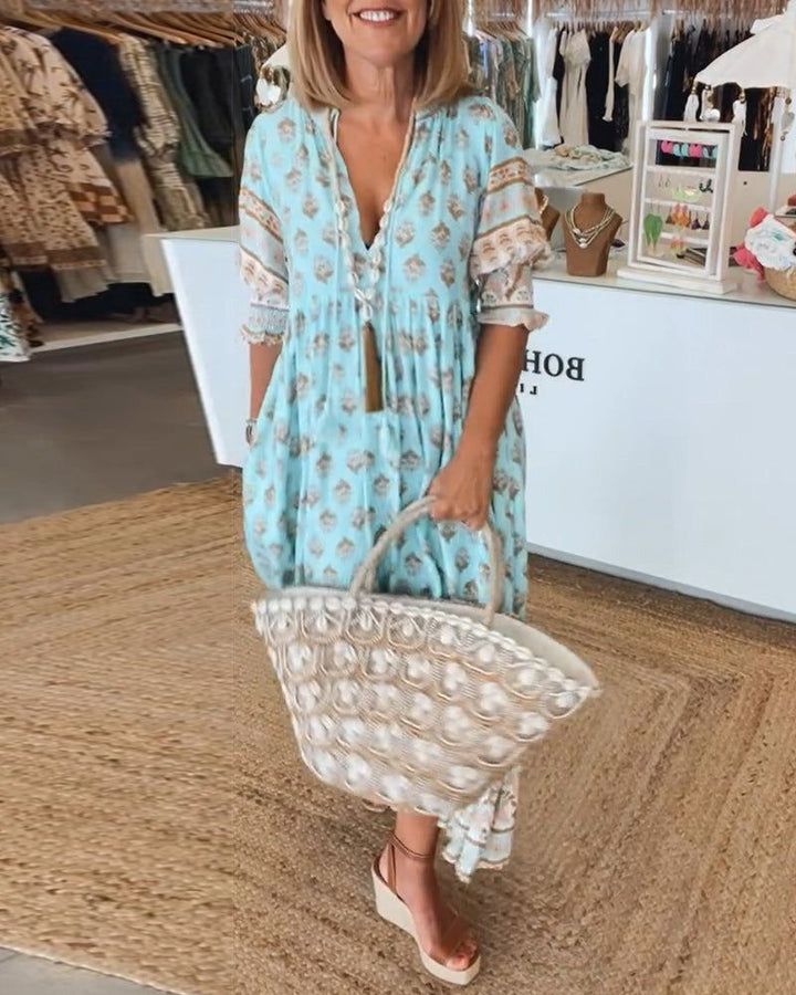 Women's Printed Casual Midi Dress - Effortless Boho Style