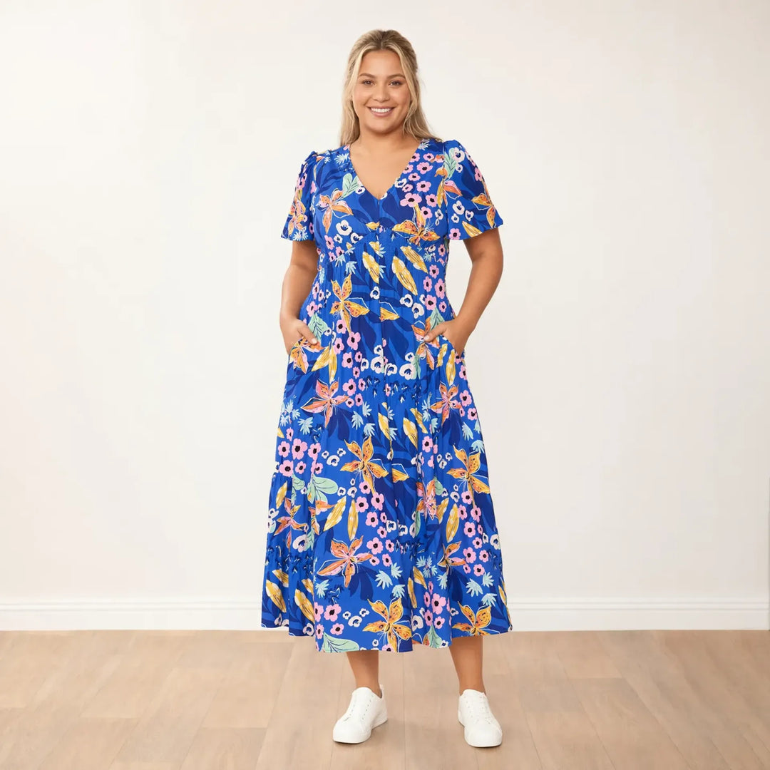 Women's Navy Floral Dress – Whitney Flattering Occasion Style – view 2