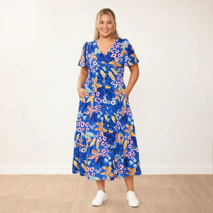Women's Navy Floral Dress – Whitney Flattering Occasion Style – view 2