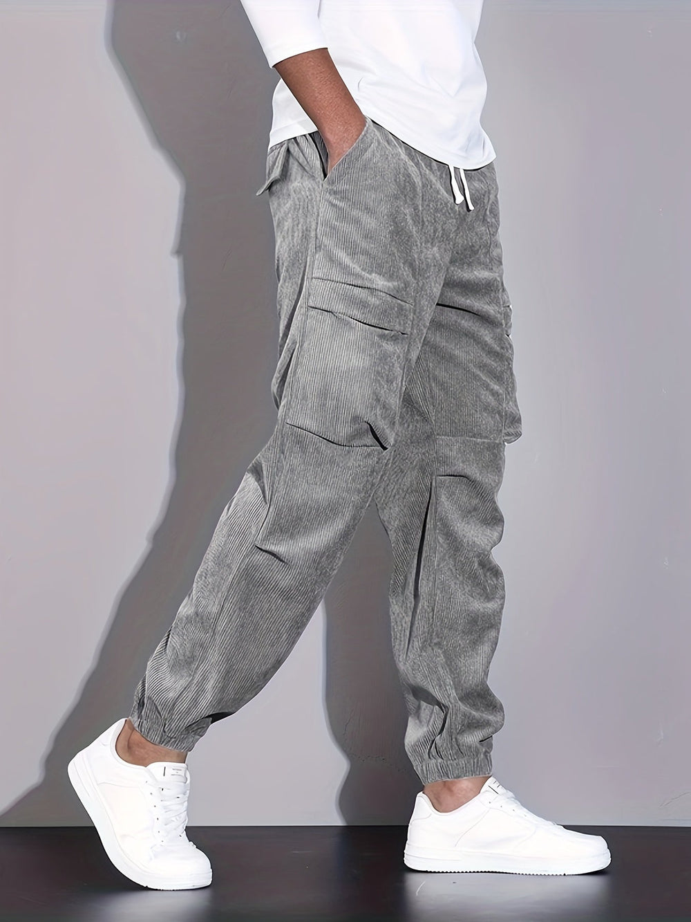 Men's Corduroy Cargo Trousers – Relaxed Tapered Drawstring Fit