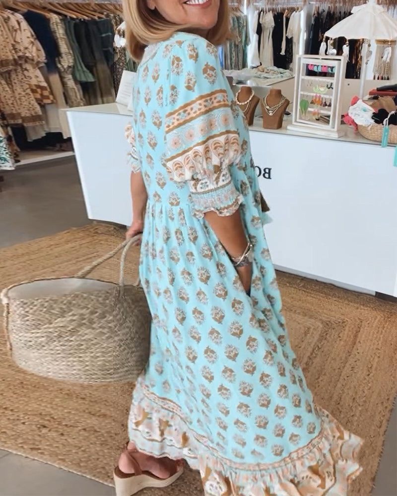 Women's Printed Casual Midi Dress - Effortless Boho Style