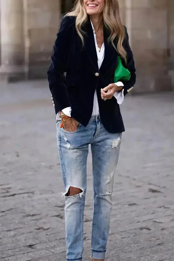 Women's Tailored Blazer with Gold Buttons - Effortless Elegance