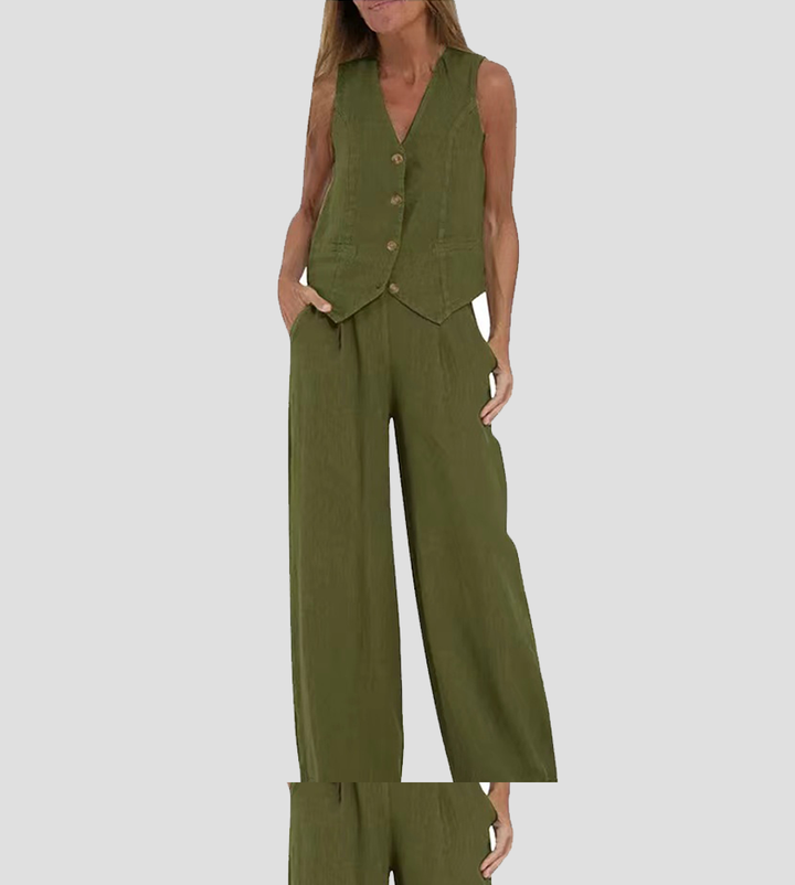 Women's Aira Buttoned Vest and Wide-Leg Trousers Set