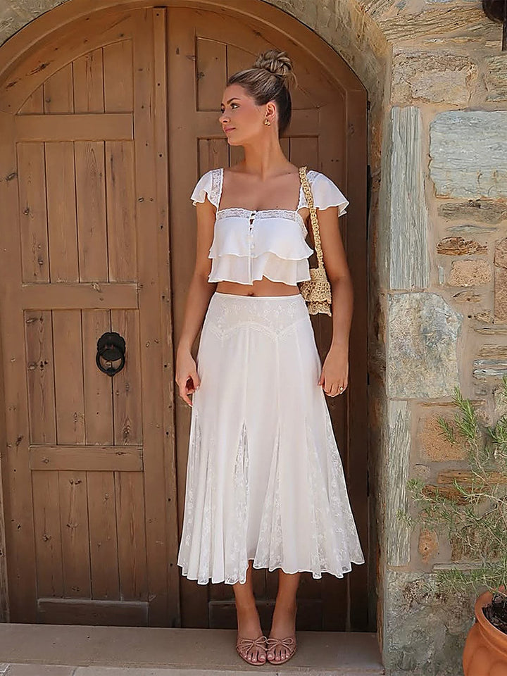 French Chic Lace Ruffle Crop Top + Midi Skirt Set