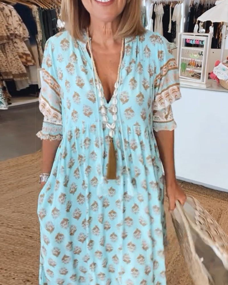 Women's Printed Casual Midi Dress - Effortless Boho Style