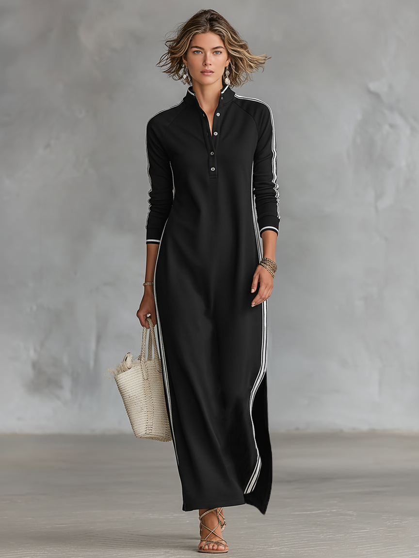 Women's Sweatshirt Maxi Dress - Button-Down Collar & White Trim