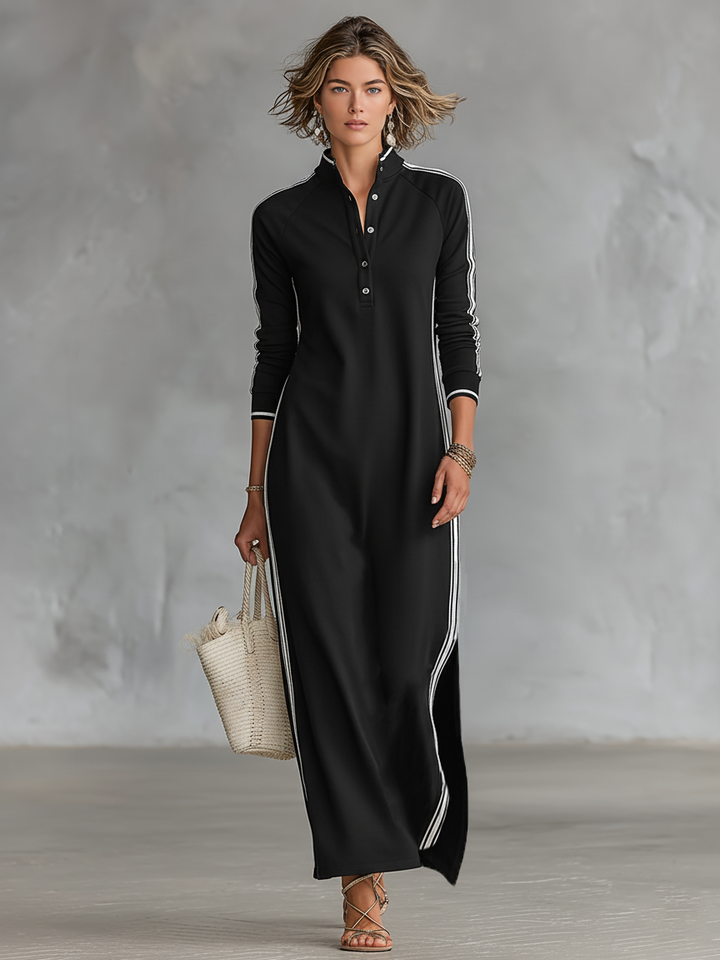 Women's Sweatshirt Maxi Dress - Button-Down Collar & White Trim