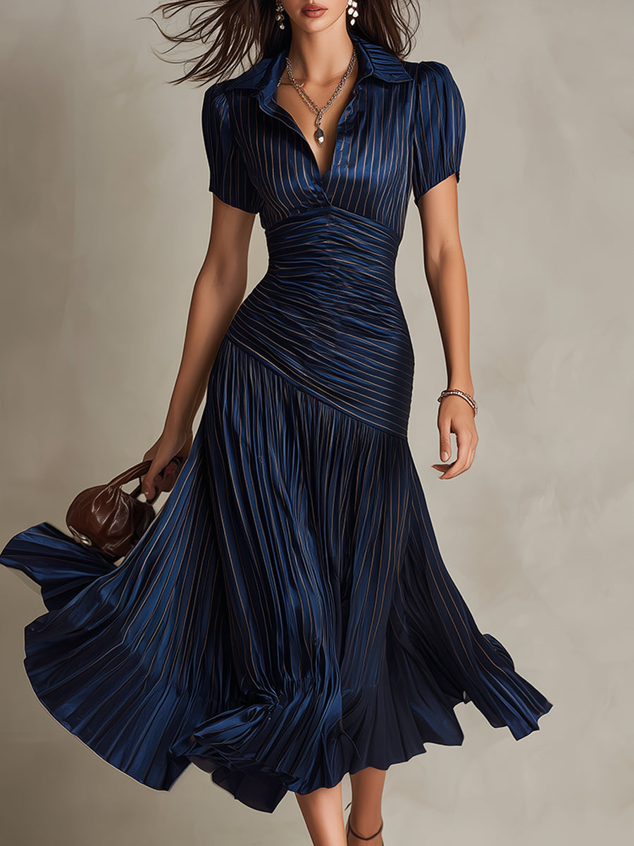 Women's Retro Striped Satin Midi Dress - Elegant Evening Essential