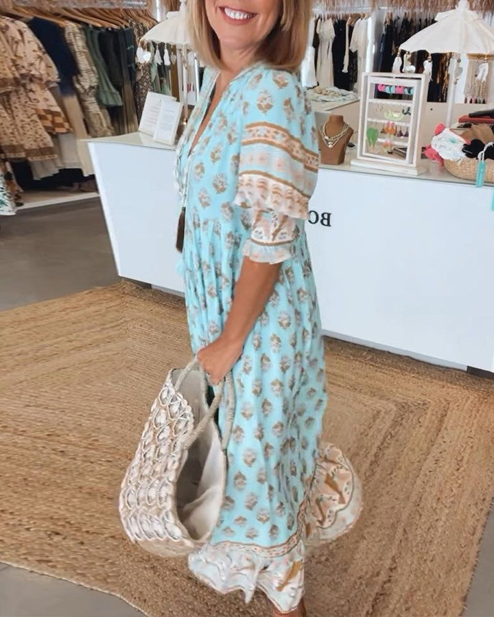 Women's Printed Casual Midi Dress - Effortless Boho Style