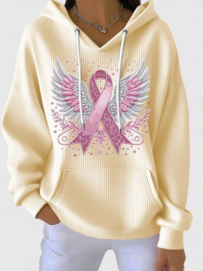 Women's Pink Ribbon Angel Wings Hoodie - Cozy Support Wear