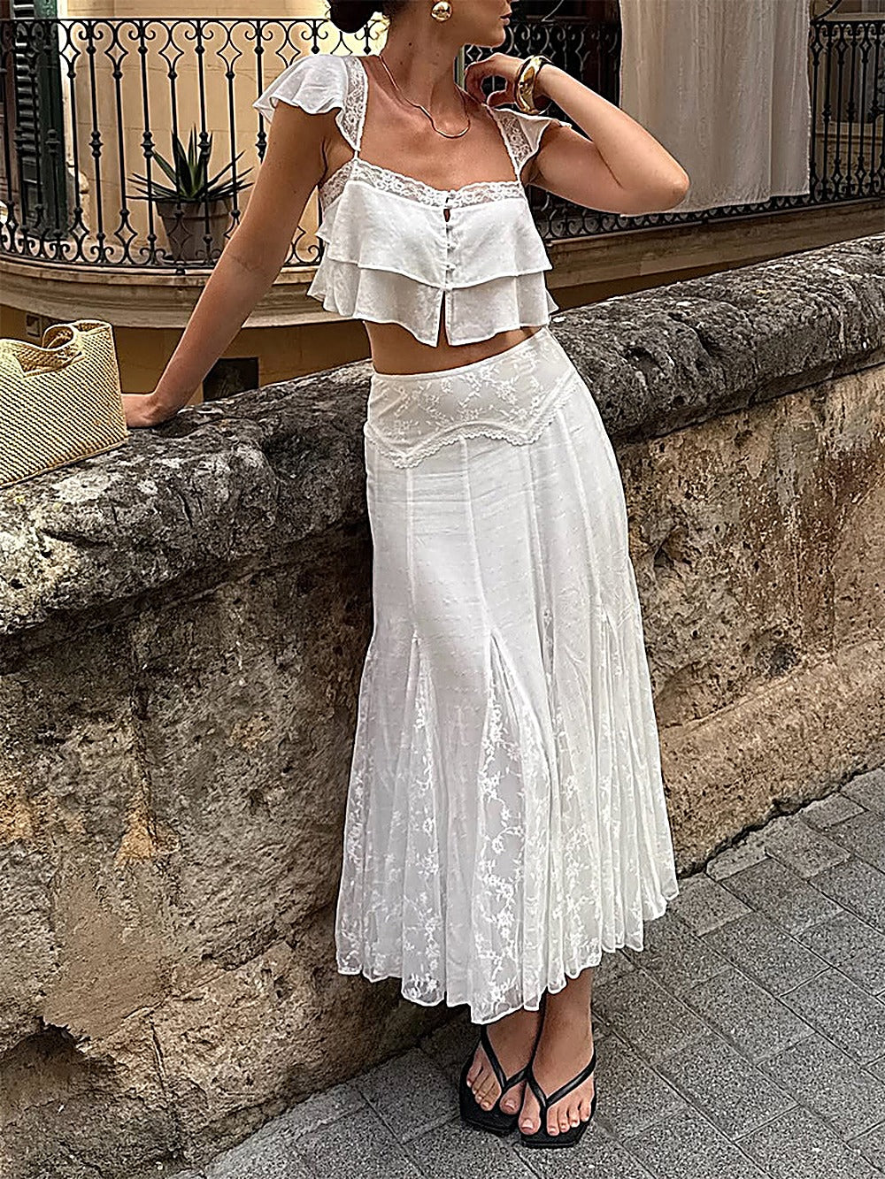French Chic Lace Ruffle Crop Top + Midi Skirt Set