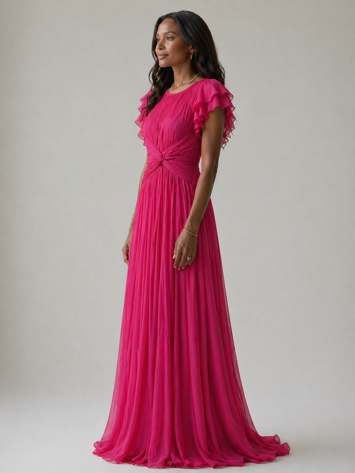 Women's Pleated Evening Maxi Dress - Effortless Elegance for Weddings
