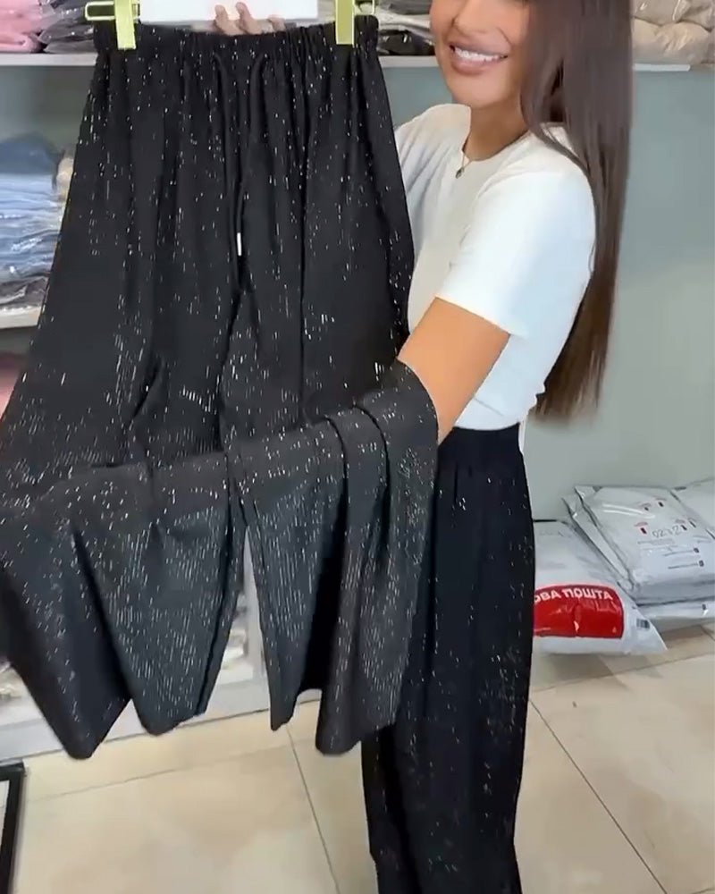 Women's Cotton Blend High Waist Sequined Wide Leg Pants