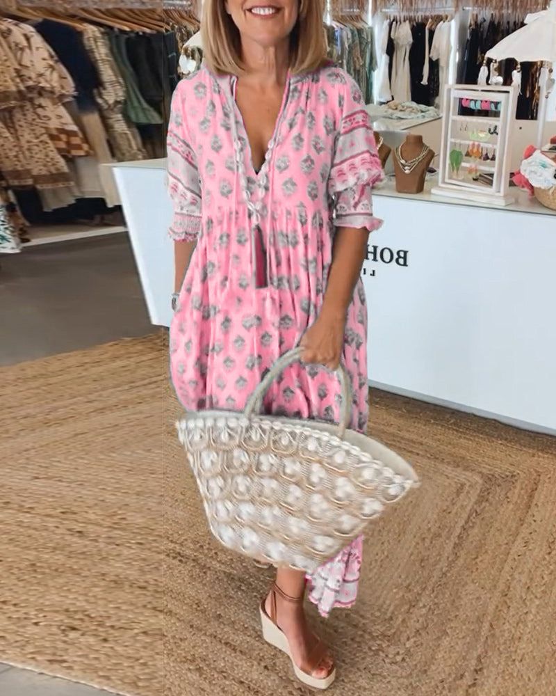 Women's Printed Casual Midi Dress - Effortless Boho Style