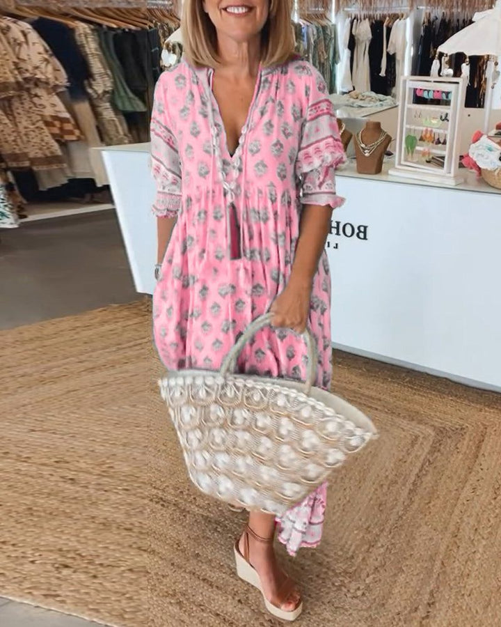 Women's Printed Casual Midi Dress - Effortless Boho Style