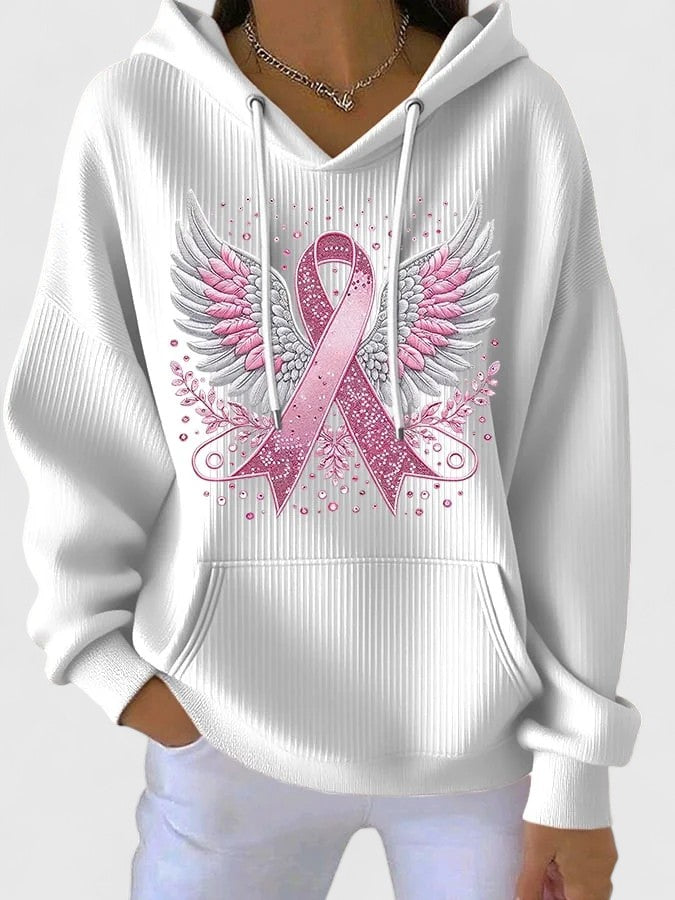Women's Pink Ribbon Angel Wings Hoodie - Cozy Support Wear