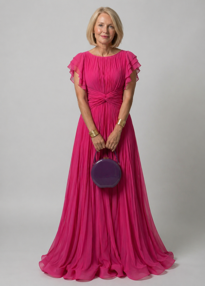 Women's Pleated Evening Maxi Dress - Effortless Elegance for Weddings