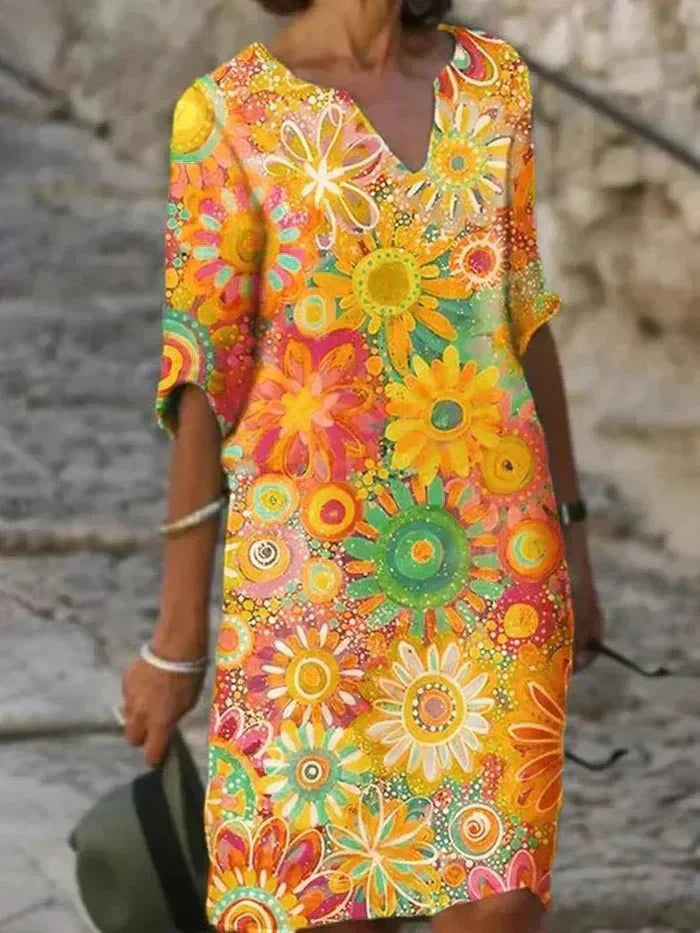 Women's Colorful Floral V-Neck Dress - Vibrant and Fun Everyday Style