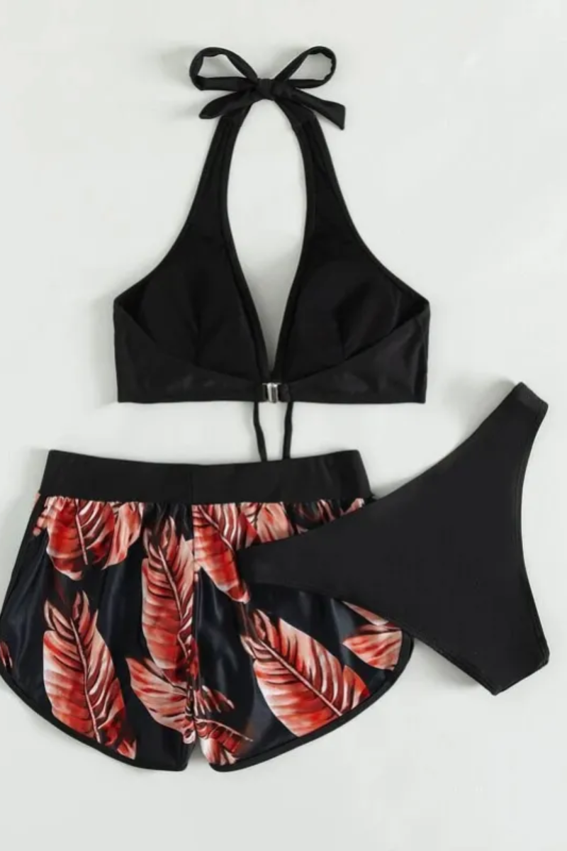 Women's Leaf Print 3-Piece Bikini Set - Versatile Beach Look