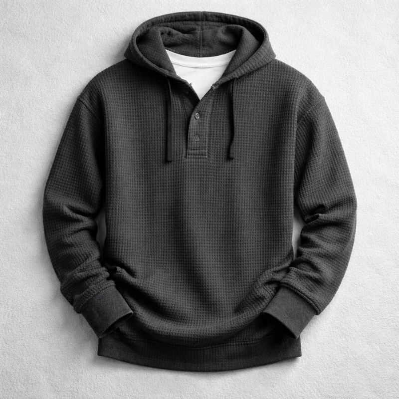 Men's Waffle-Knit Henley Hoodie – Textured Cotton Hooded Top