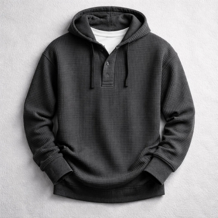 Men's Waffle-Knit Henley Hoodie – Textured Cotton Hooded Top