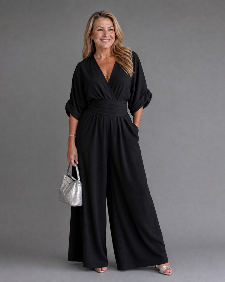 Women's Draped V Neck Wide Leg Relaxed Jumpsuit - Effortless Everyday