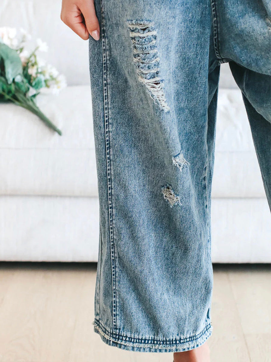 Women's Loose Fit Distressed Denim Overalls - Effortlessly Cool