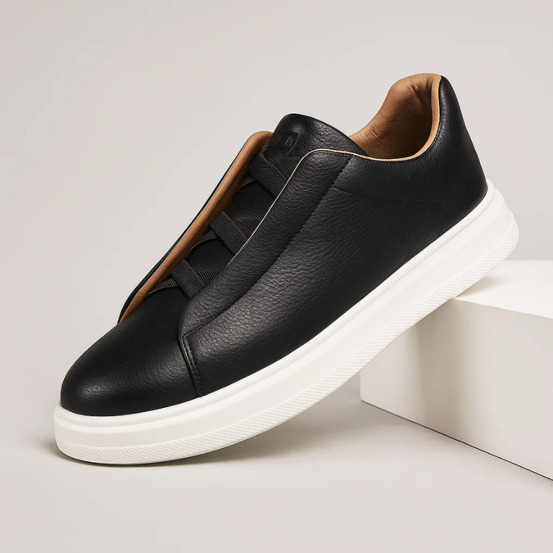 Men's Leather Slip-On Trainers – Elastic Lace Casual Sneakers