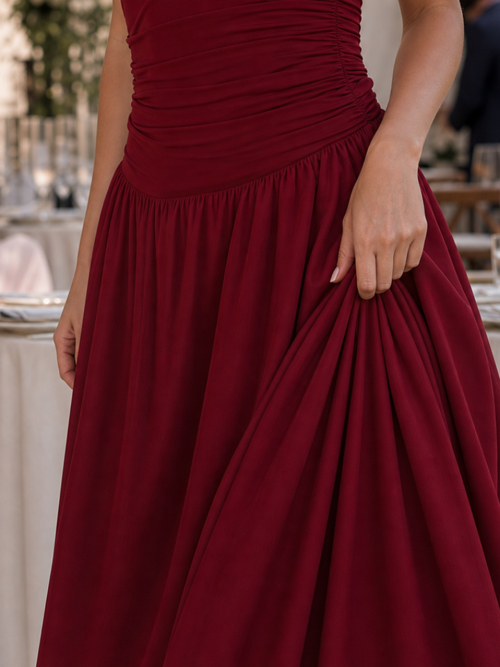 Women's Strapless Ruched Bodice Midi Dress - Effortless Elegance
