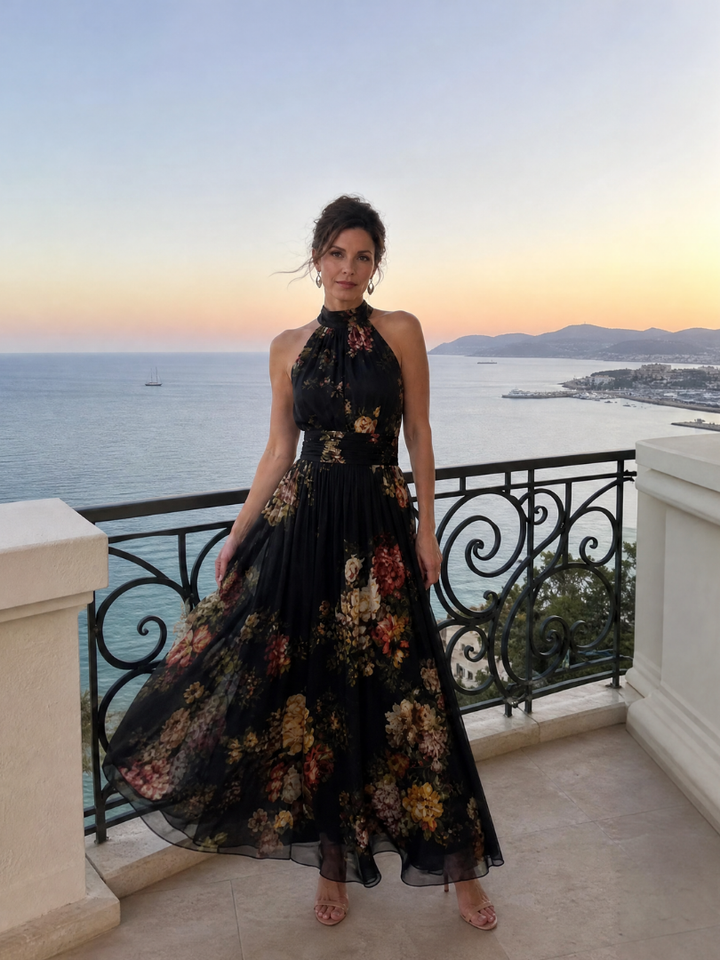 Women's Floral Halter Neck Midi Dress - Effortless Warm-Weather