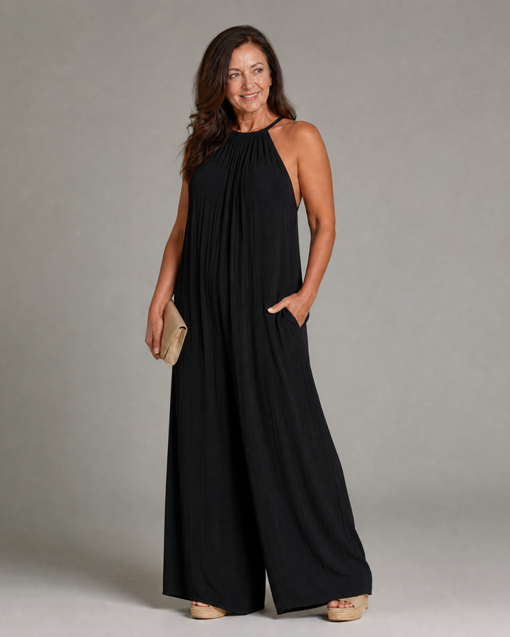 Women's Pleated Halter Neck Wide Leg Jumpsuit - Warm Weather Ease