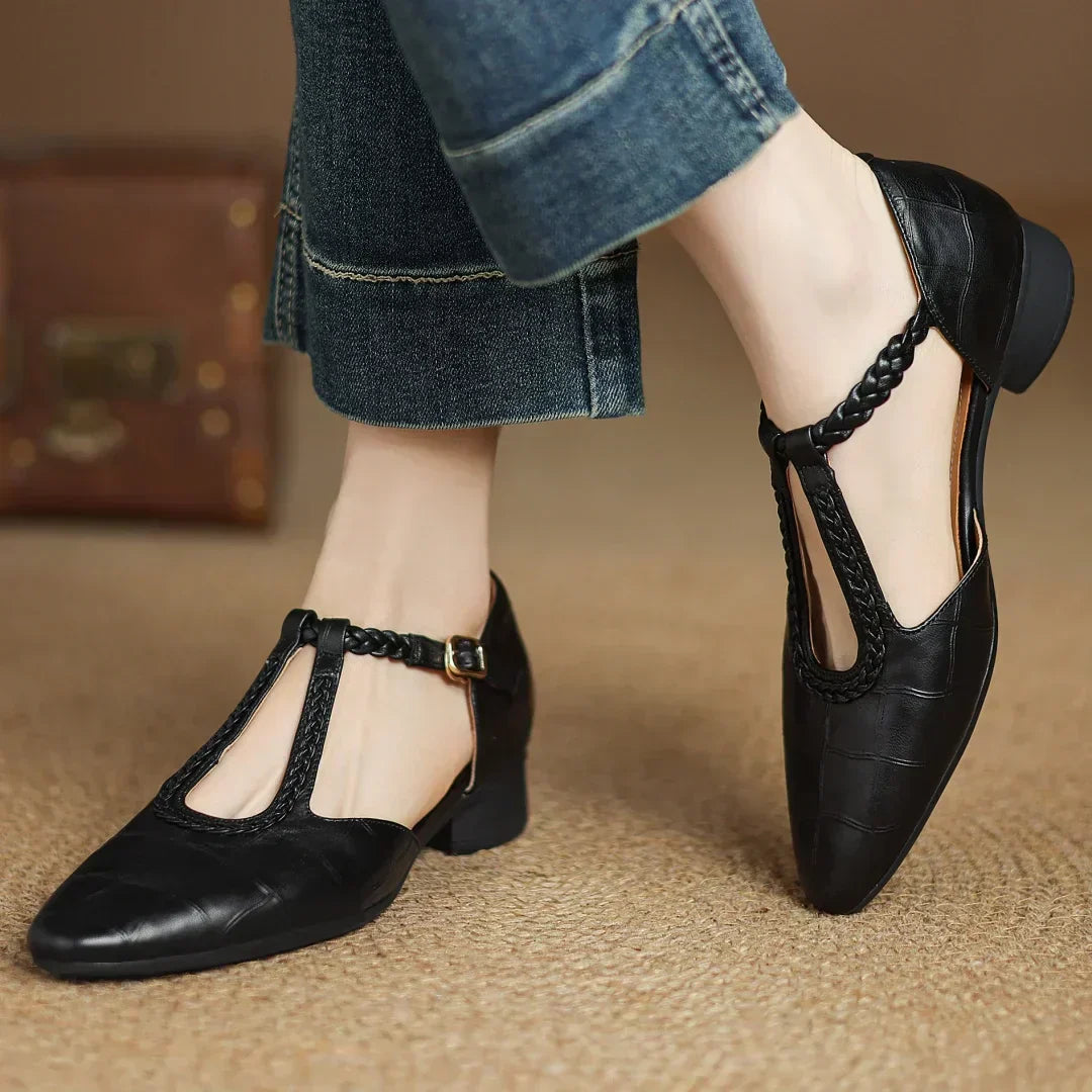 Women's Leather Braided T-Strap Sandals - Elegant Everyday Style