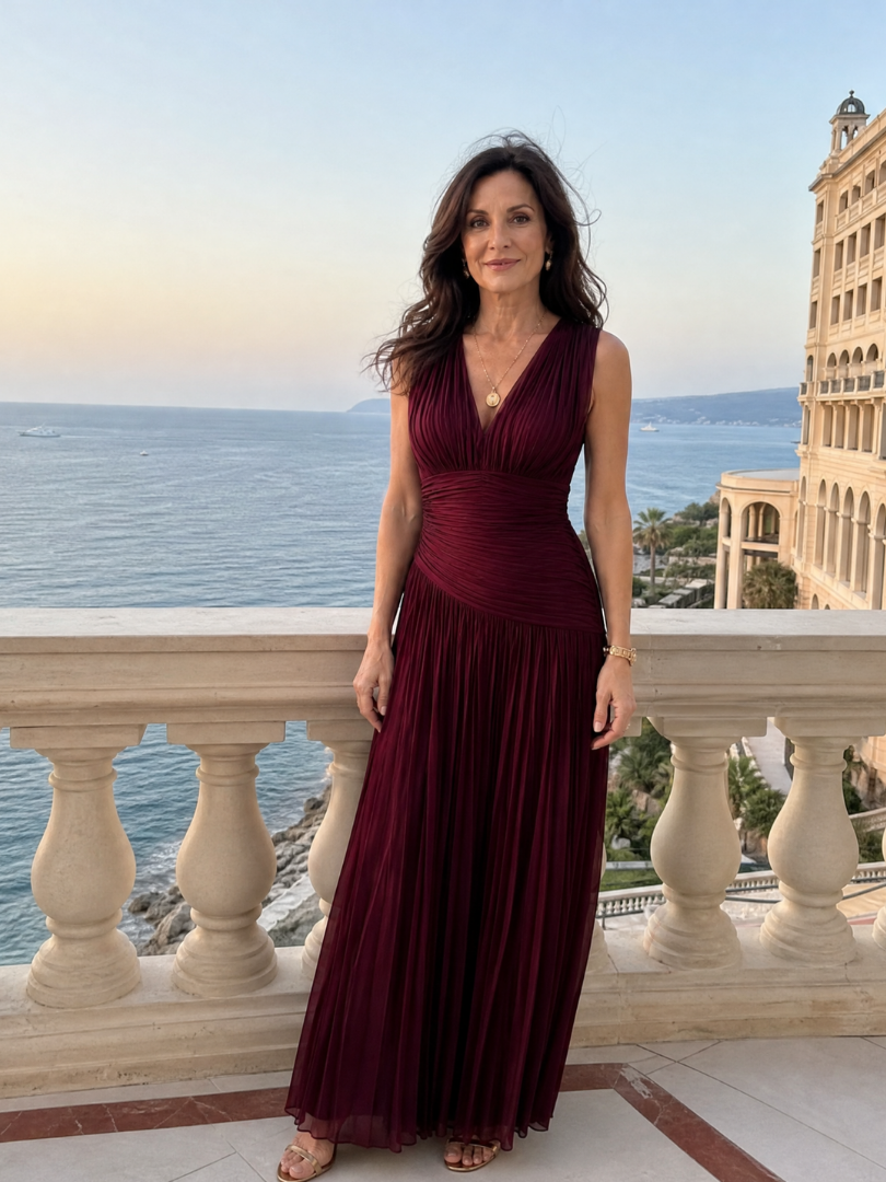 Women's Sleeveless Pleated V Neck Midi Dress - Perfect for