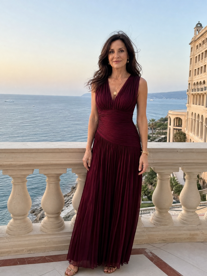 Women's Sleeveless Pleated V Neck Midi Dress - Perfect for