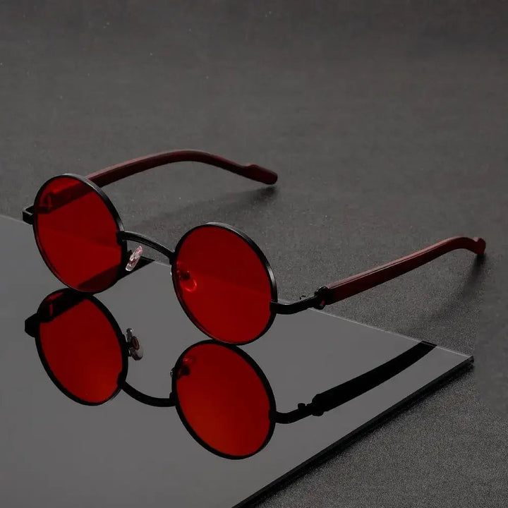 Men's Round Sunglasses - Metal Frame UV400 Wood-Grain