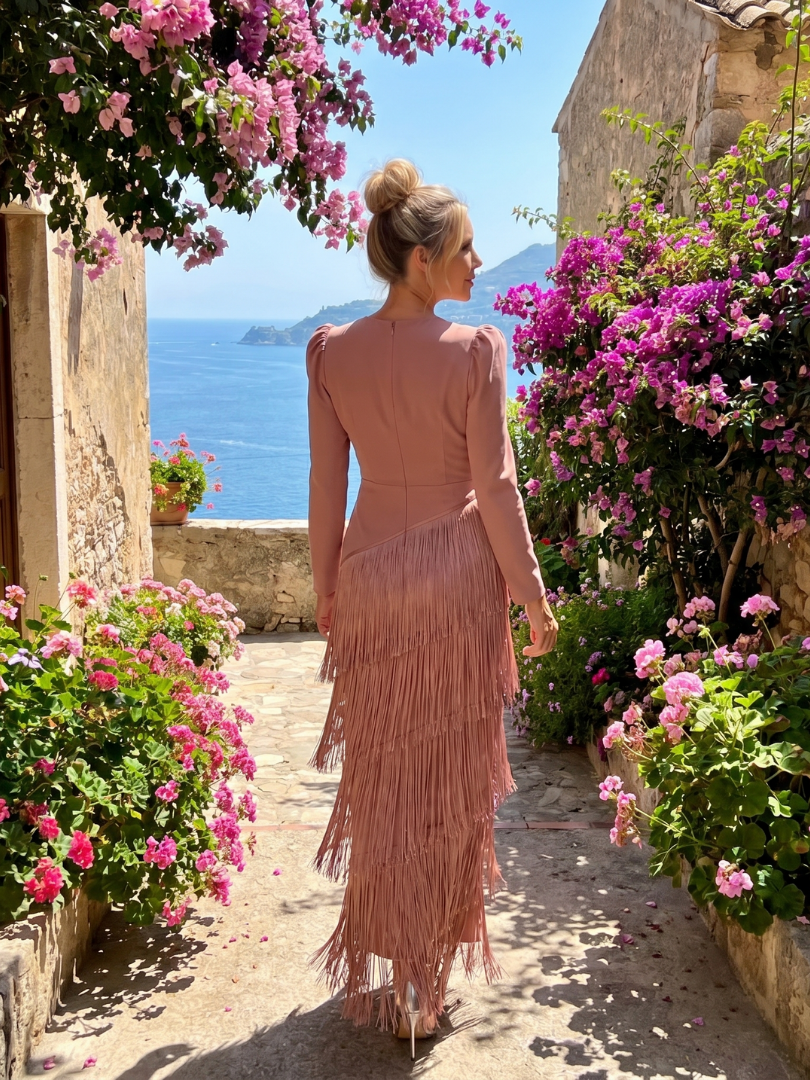 Women's Long Sleeve Fringe Midi Dress - Effortless Elegance