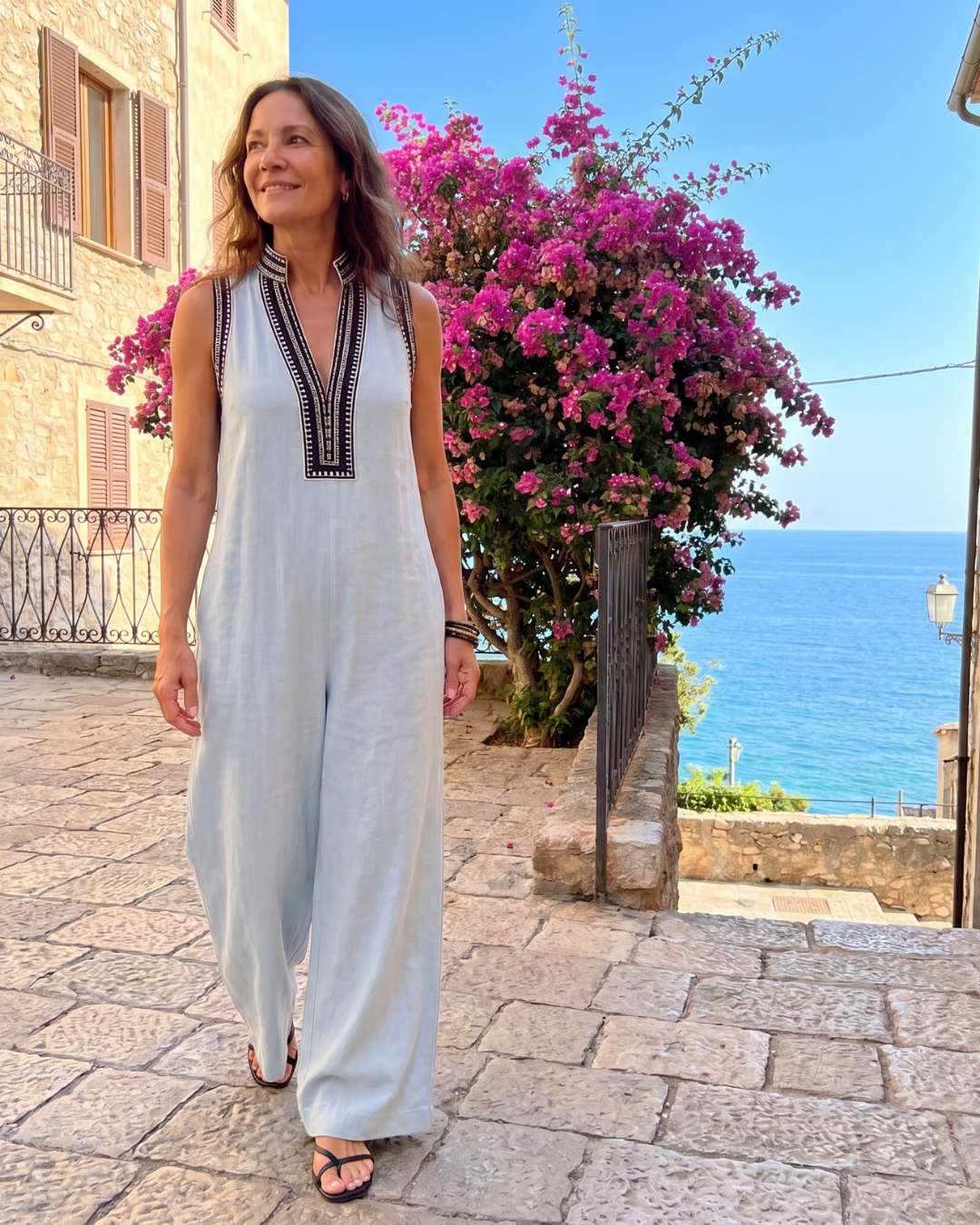 Women's Embroidered V-Neck Sleeveless Wide Leg Jumpsuit