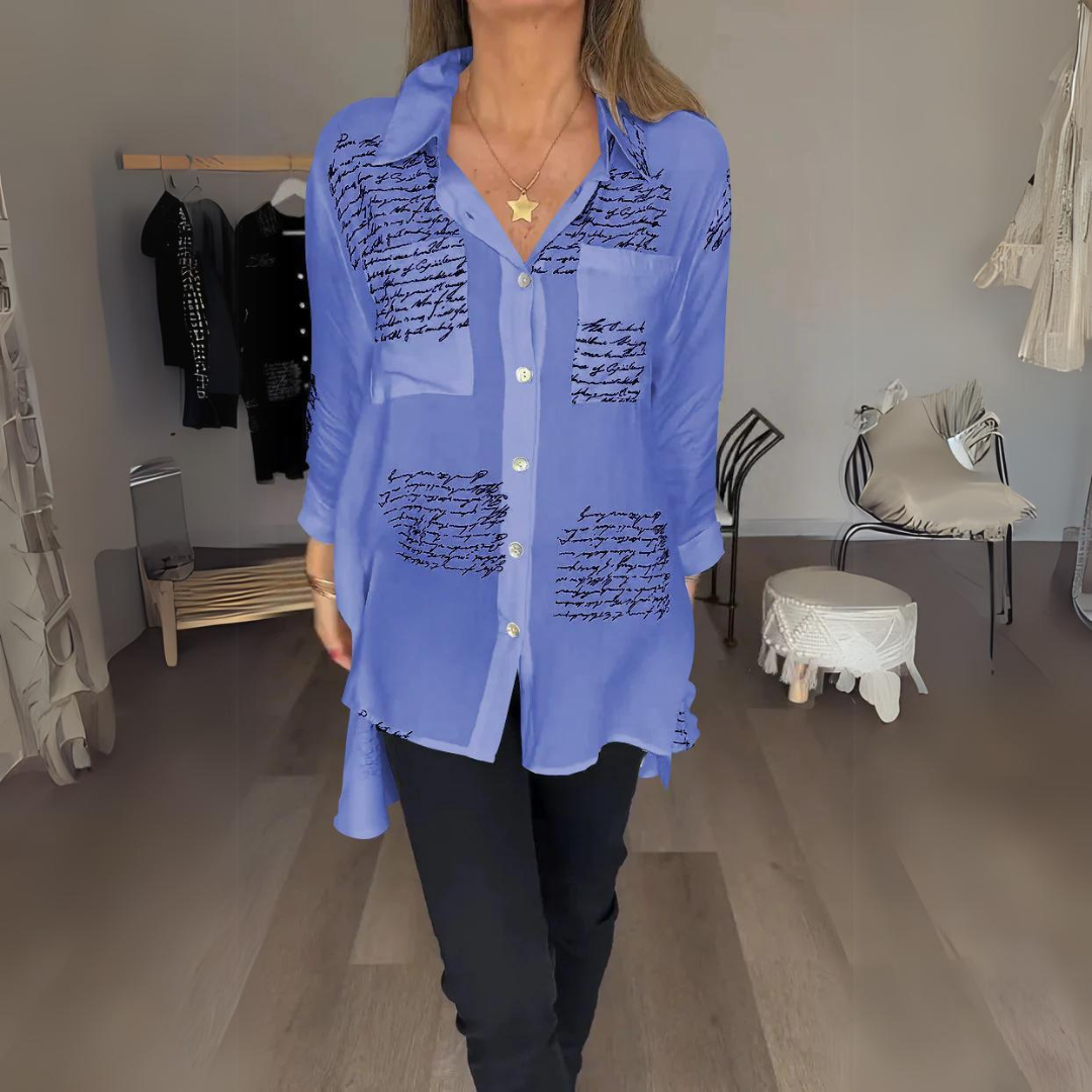Women's Handwritten Print Button-Up Shirt - Artistic Everyday Style