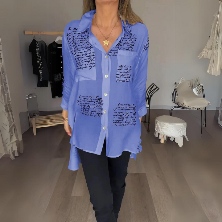 Women's Handwritten Print Button-Up Shirt - Artistic Everyday Style