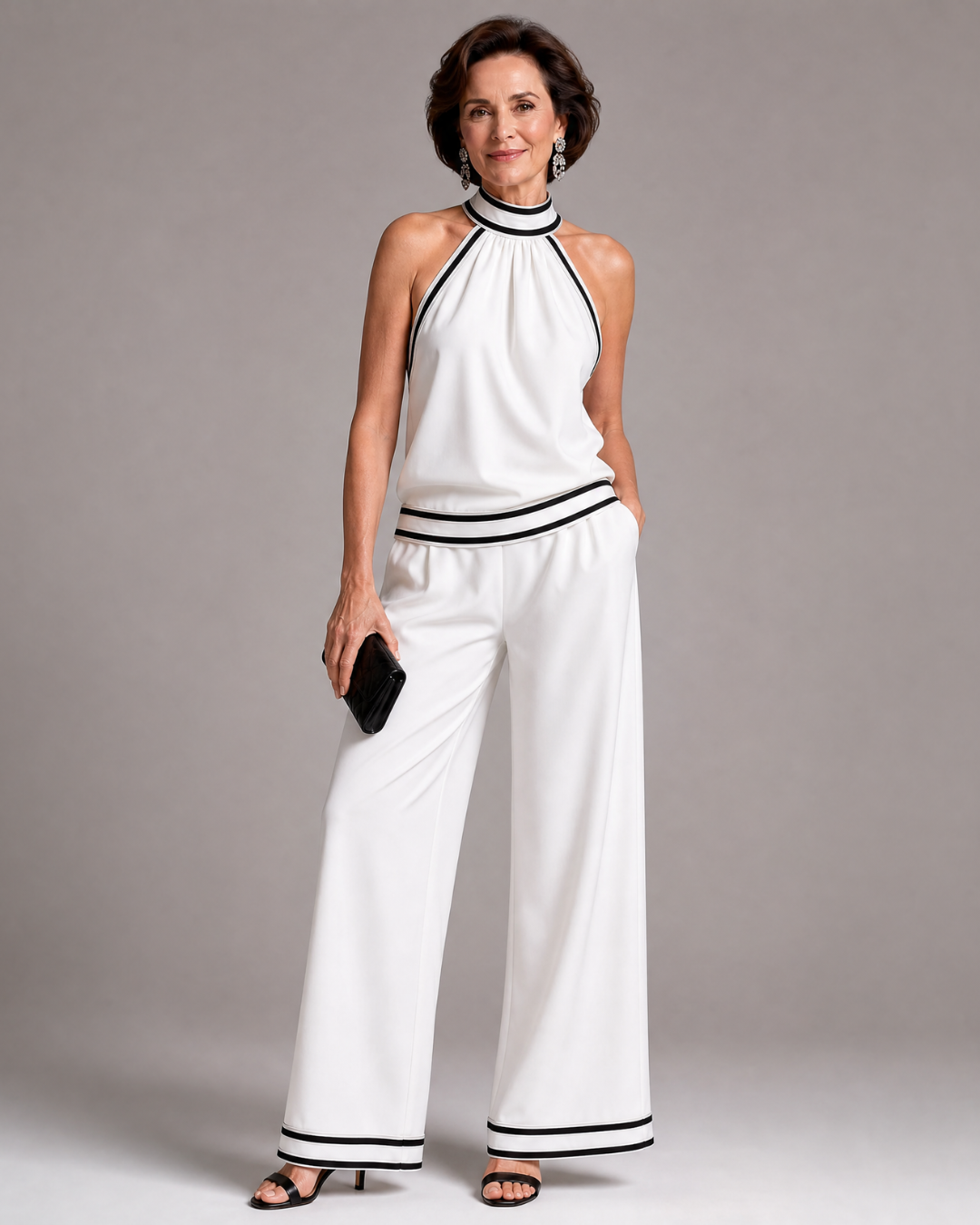 Women's Contrast Trim Halter Neck Wide Leg Jumpsuit - Warm Weather
