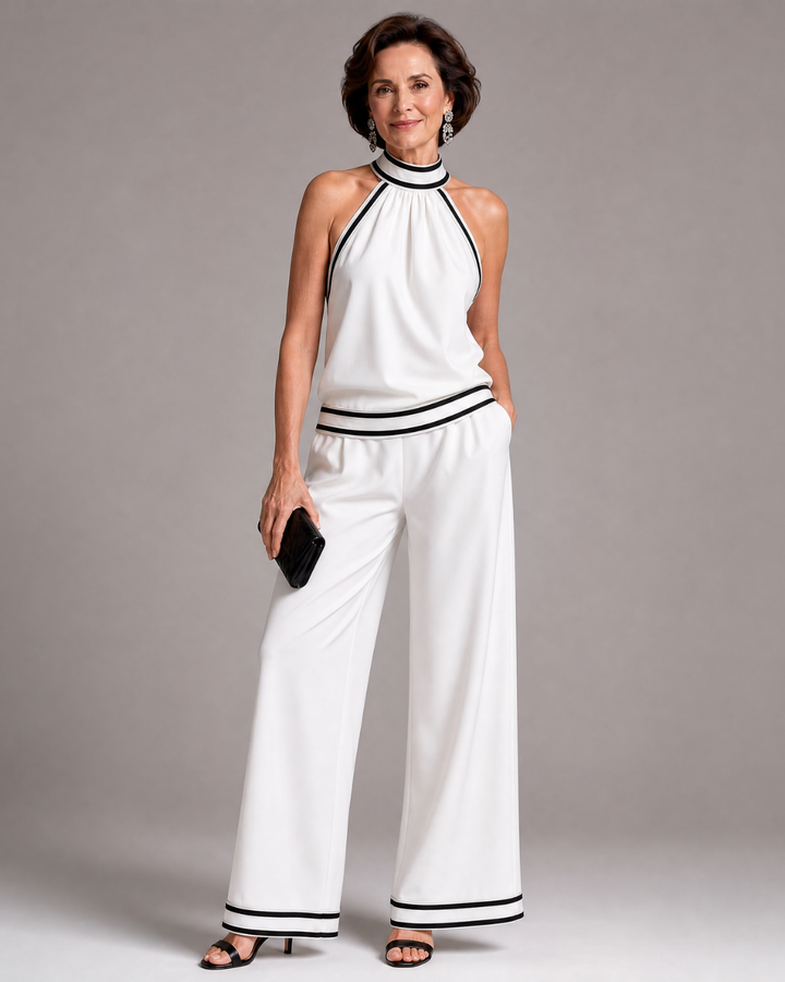 Women's Contrast Trim Halter Neck Wide Leg Jumpsuit - Warm Weather