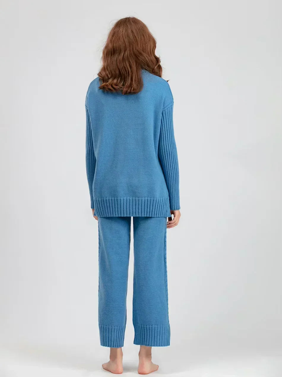 Women's Turtleneck Knit Sweater and Loose Pants Set - Cozy Casual