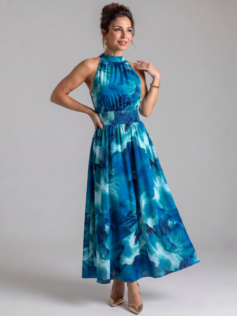 Women's Abstract Print Gathered Waist Midi Dress - Effortless Summer