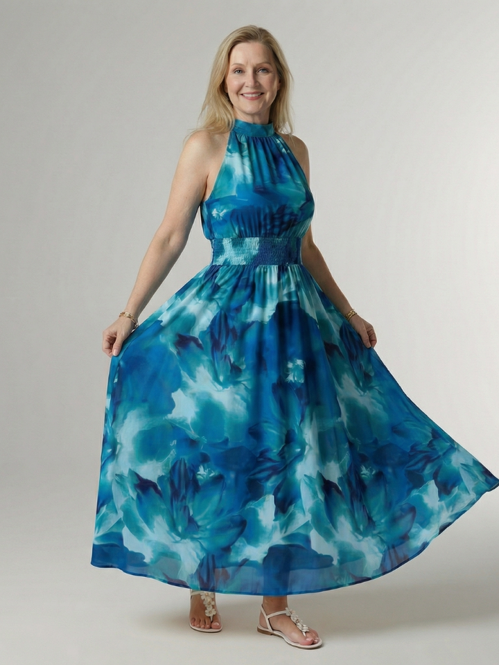 Women's Gathered Halter Midi Dress - Effortless Everyday